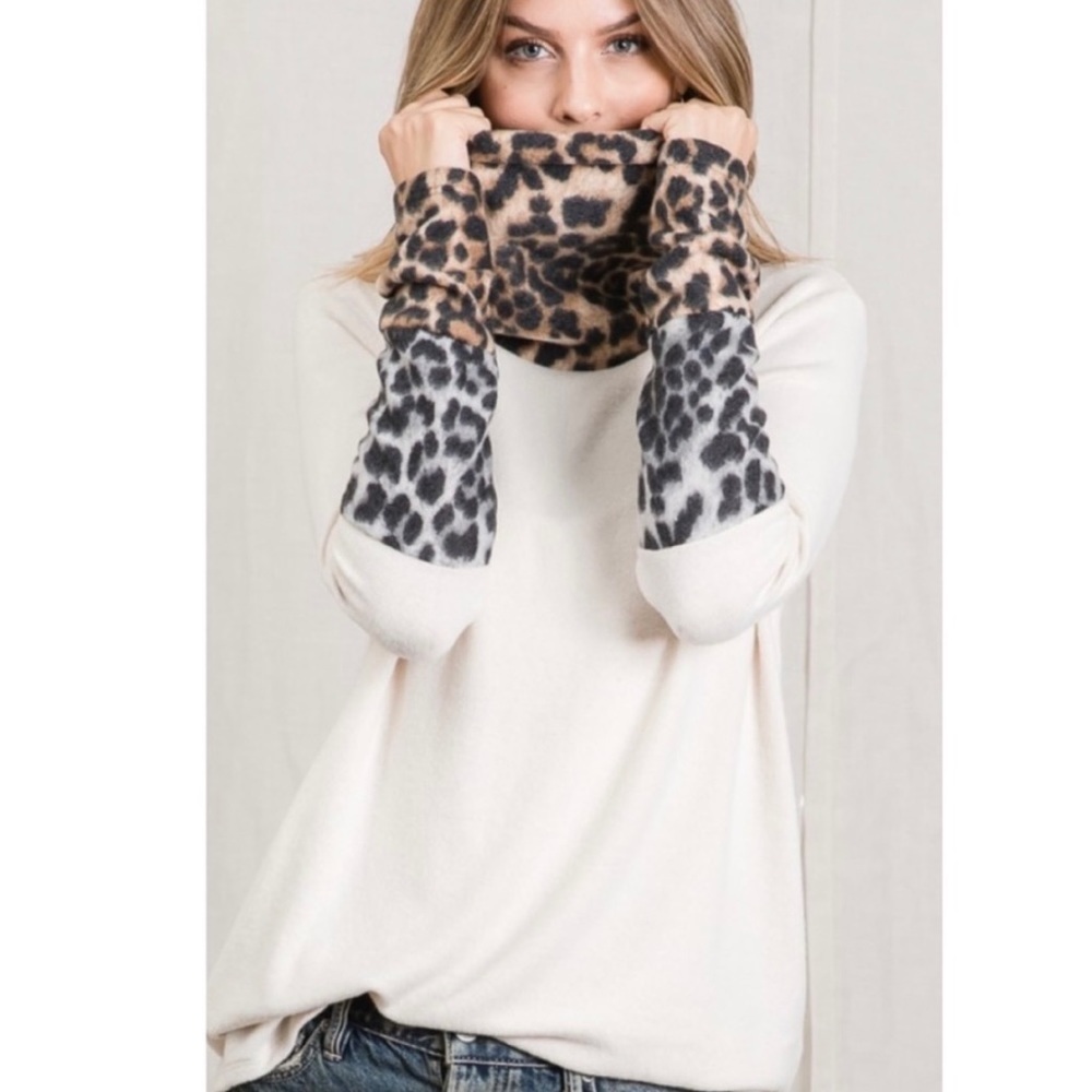 New! Soft Leopard Print Trim Cowl Neckline rounded slit Hemline Top - Picture 2 of 13